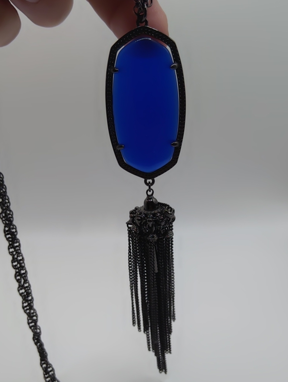 Kendra Scott Rayne Blue Cats Eye Pendant And Gunmetal Chain And Tassel Rare - Picture 5 of 6